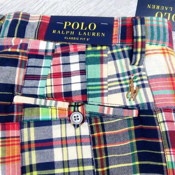 Polo Ralph Lauren Patchwork Madras Chino Shorts Classic Fit 9" Men's Size 34 NEW - Picture 9 of 15